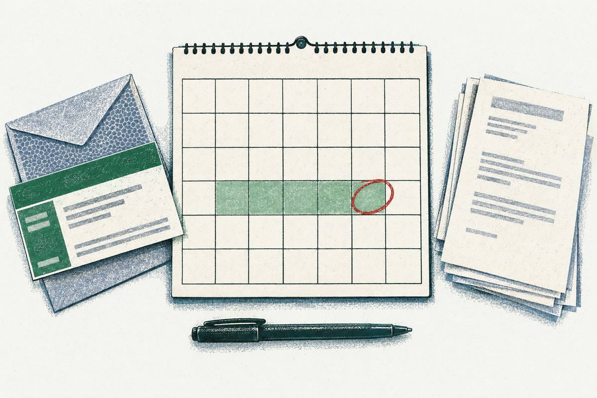 A wall calendar with a span of days shaded green and the last day circled in red, next to an envelope with a certified-mail receipt card