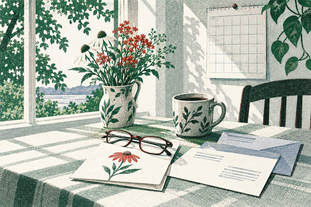 Folded reading glasses resting on a sympathy card beside two envelopes and a coffee mug on a kitchen table in summer light
