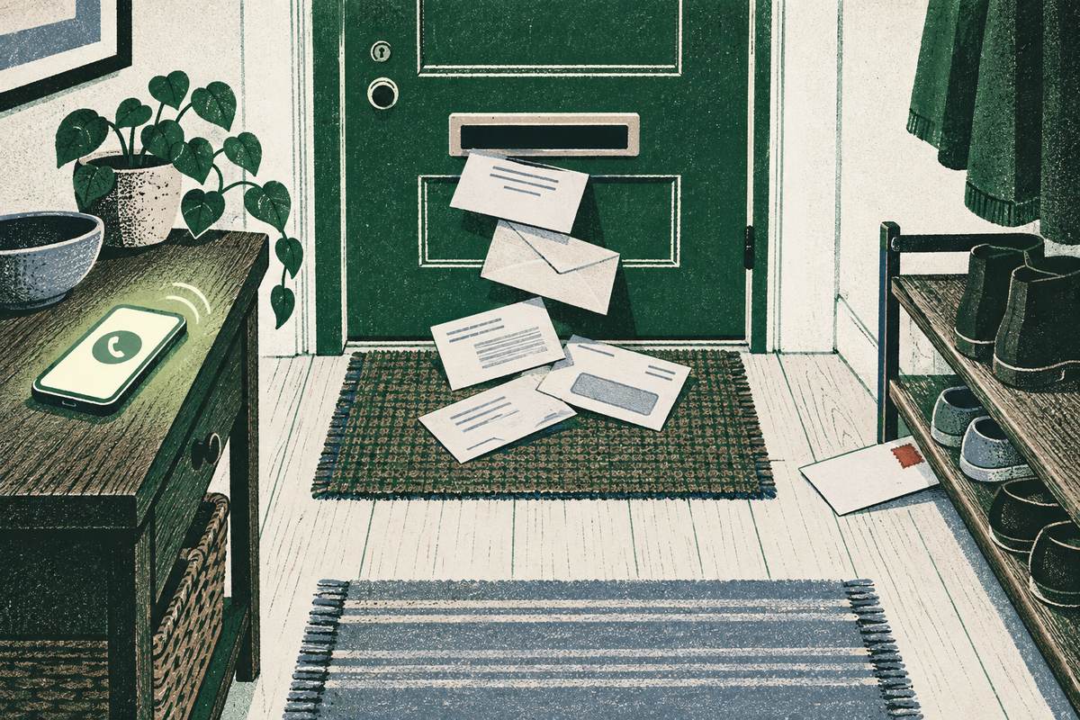 Envelopes fallen through a mail slot onto a doormat, one with a red stamp half under a shoe rack, and a phone lighting up on the hall table