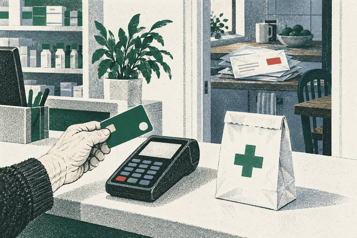 An older person's hand holds a debit card at a pharmacy card terminal, with a prescription bag on the counter and unopened mail in the kitchen behind