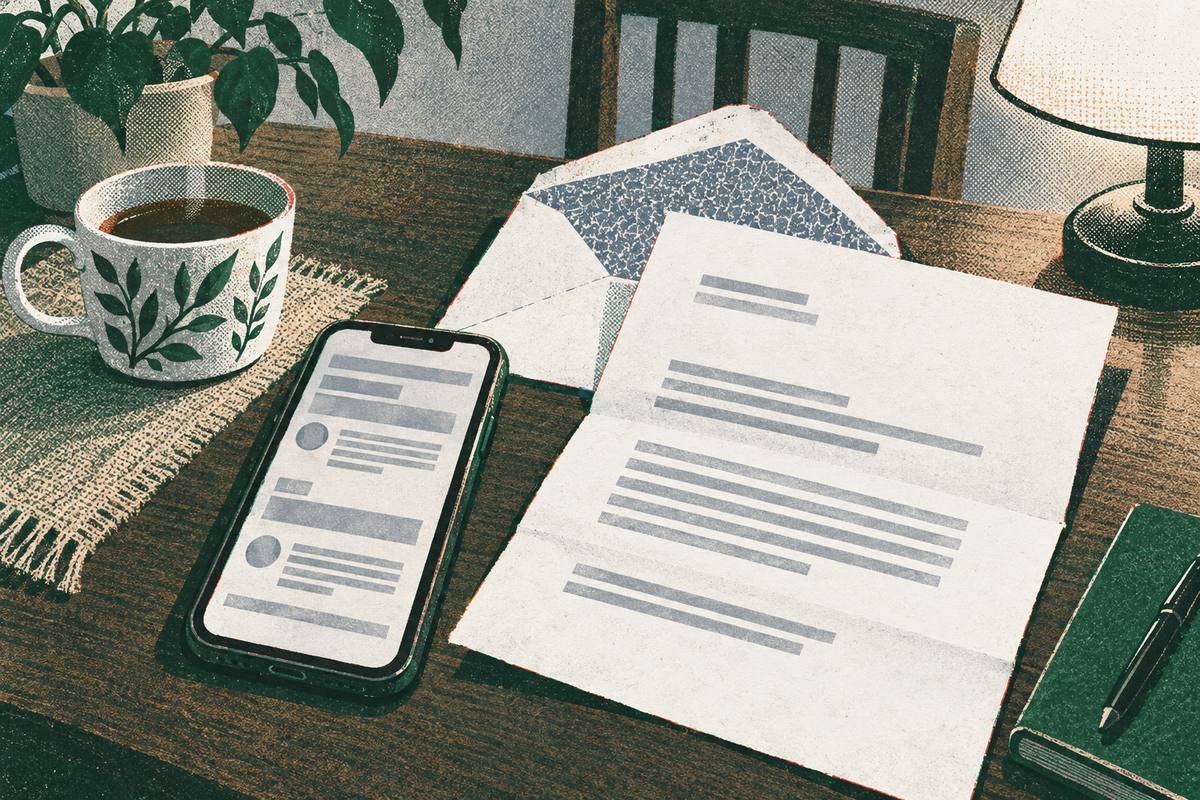 A smartphone showing a forum thread next to an opened official letter and a cup of tea under lamp light