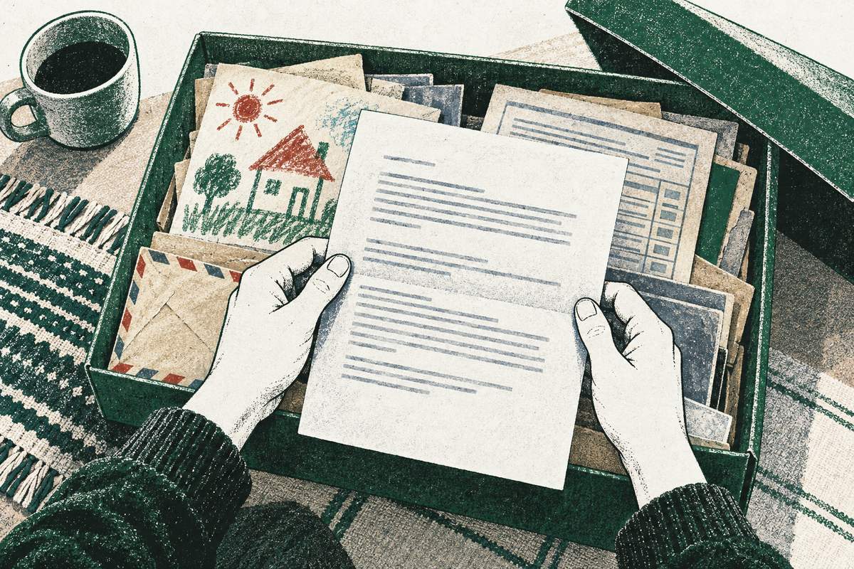 Hands hold an official letter above an open shoebox of old family papers, including a child's crayon drawing of a house