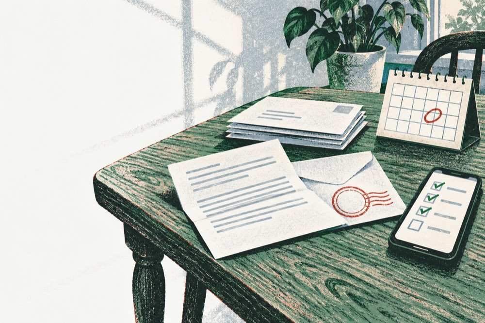 Letters, a stamped envelope, a calendar and a phone with a checklist on a kitchen table